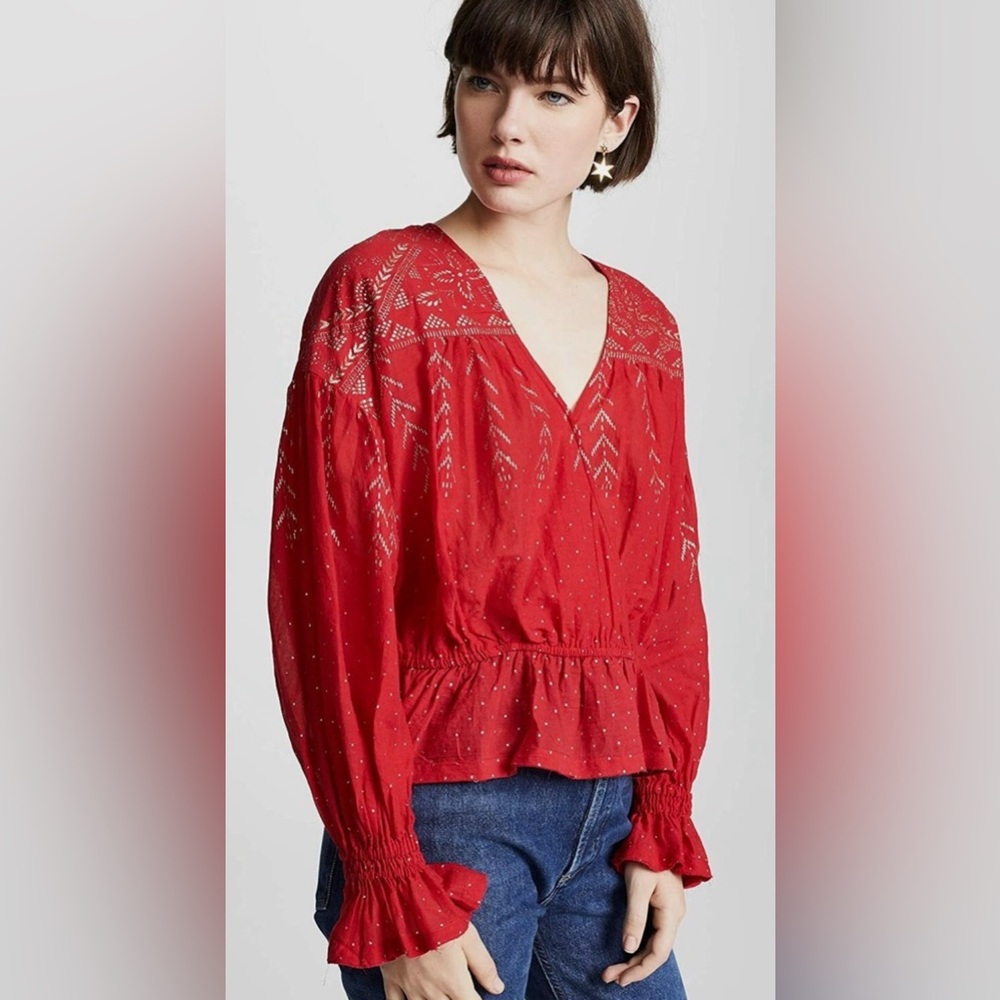 Free People Counting Stars Red W/ Gold Metallic Peasant Blouse Peplum Large